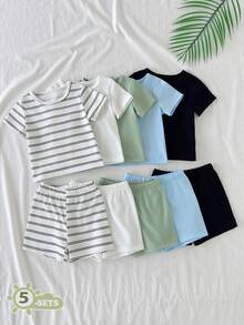SHEIN 10件/5套 男嬰休閒素色百搭圓領短袖T恤短褲套裝，多色5套組合，適合夏季 - 彩色 - 查看 8
