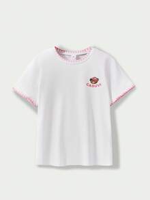 Casuvi Kids Casuvi 青少年女孩 T-Shirt 1 件，彈性針織舒適面料套頭圓肩 T-Shirt，卡通熊印花裝飾，領口與袖口定位印花仿貝殼設計，適合春夏日常休閒穿著 - 白色 - 查看 10
