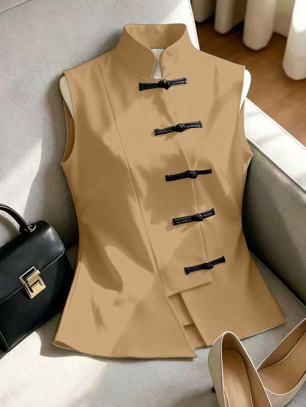 Franclia New Chinese Style Cheongsam Top, Stand Collar, Frog Buttons, Fashionable New Sleeveless Blouse, Decorated With Row Of Frog Buttons, Asymmetrical Waistline, Slimming, Versatile, Spring/Summer Women's Shirt