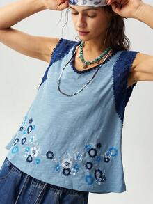 Bohemela Lässiges einfarbiges gestricktes V-Ausschnitt ärmelloses locker sitzendes Damen Tanktop - Blau - Übersicht 2