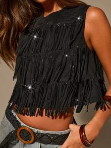 Athîral Women's Casual Vacation Round Neck Sleeveless Solid Color Tassel Top, Streetwear, Sparkling Tassel Top, Date Party Outfit - Black - View 5