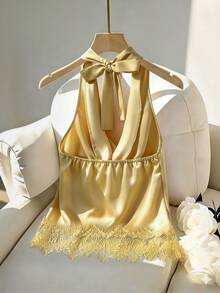 SHEIN Franclia 新款優雅性感蕾絲拼接荷葉邊領垂墜領女款背心上衣 - 黃色 - 查看 2