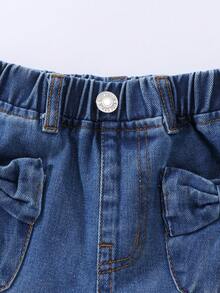 SHEIN 女童休閒百搭百搭學院風可愛蝴蝶結口袋舒適寬鬆直筒水洗中藍色牛仔長褲，適合日常出遊與四季穿著 - 淺色水洗藍 - 查看 8