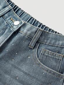 SHEIN Shorts vaqueros casuales de verano para adolescentes con bolsillos en diagonal y lavado con diamante de imitación - Azul lavado medio - Ver 4