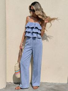 Serisse Damen Sommer Rüschen Träger Denim Jumpsuit Sommer Festival Kostüm Pendeln Urlaub Abschluss Chic Y2K Süß Streetwear Coquette Party Hochzeit Elegant Business Casual Frau Business Strand Abschluss Ausgehen Geburtstag - Blau - Übersicht 7