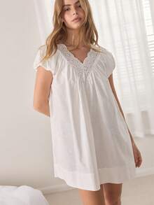 Ocili White Cotton Embroidered Hollow Floral Lace Trim Comfortable Casual Dress For Women - White - View 5