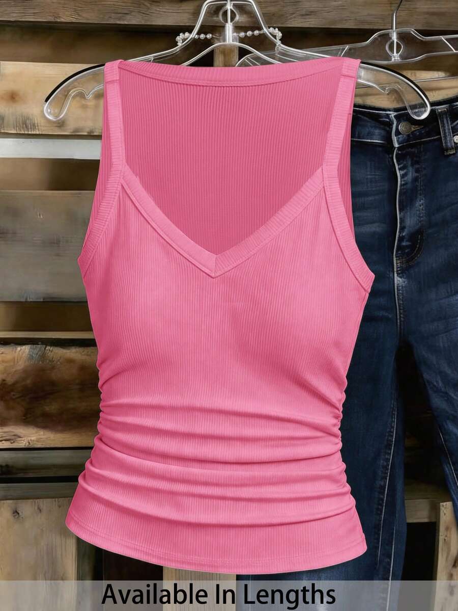 SHEIN Tall CURVE 大尺碼女款春夏休閒西式淺粉色羅紋V領露背細肩帶背心，適合約會、辦公室正式工作、情人節 - 粉色 - 查看 1