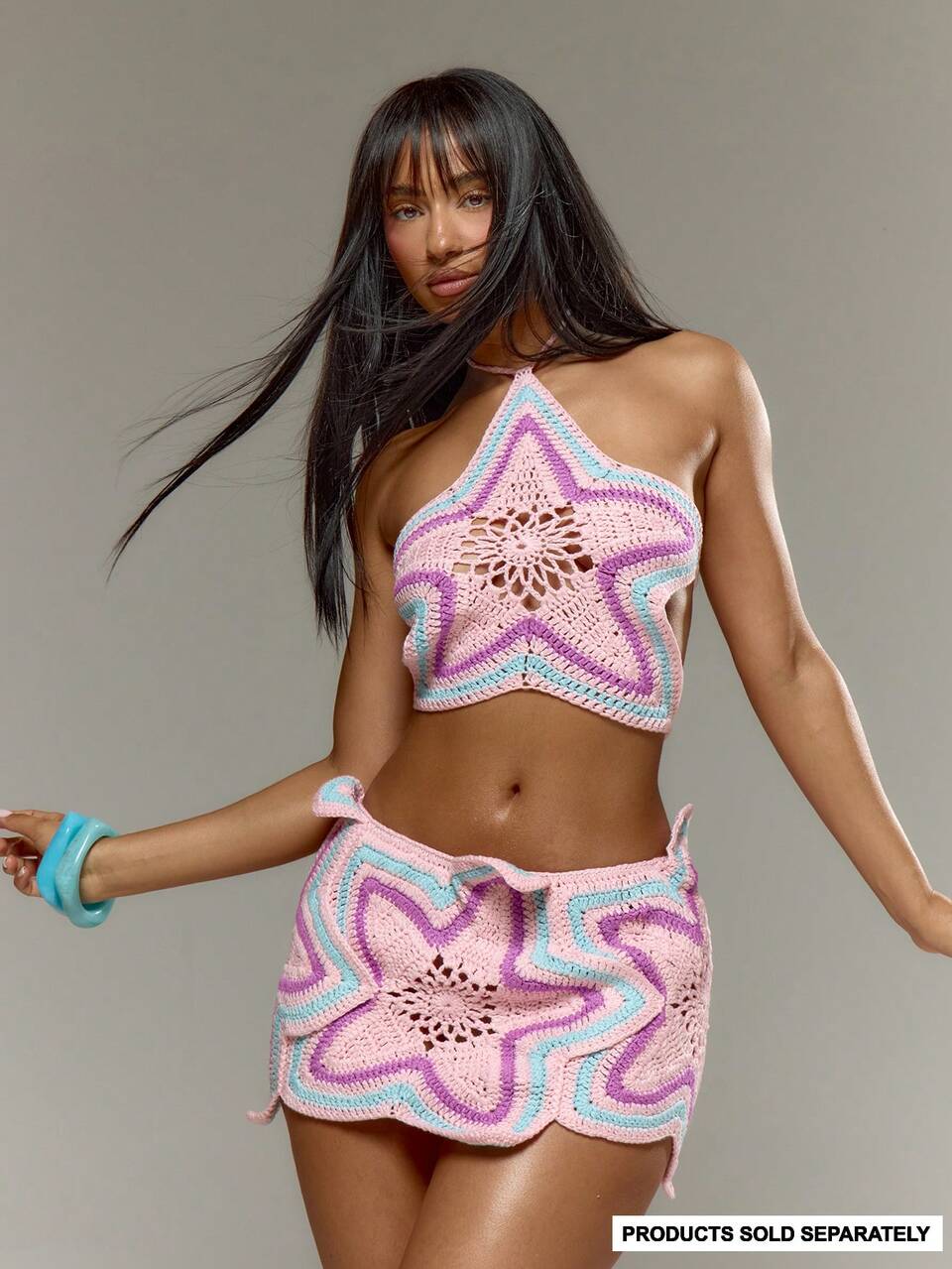 Pink Multicolour Knitted Crochet Halterneck Backless Star Top