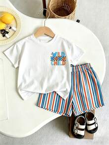 Young Boy Fashionable Minimalist Korean Style Square Plaid Colorful English Slogan Print, Round Neck Short Sleeve T-Shirt Paired With Vertical Stripe All-Over Print Sports Pants Set, Suitable For Holiday Gatherings, Parties, Easy And Comfortable, Summer Essential Choice, Casual Wear, Streetwear, Back To School, Outdoor Picnic, Street Photography, Campus, Holiday, Gift - Multicolor - View 2