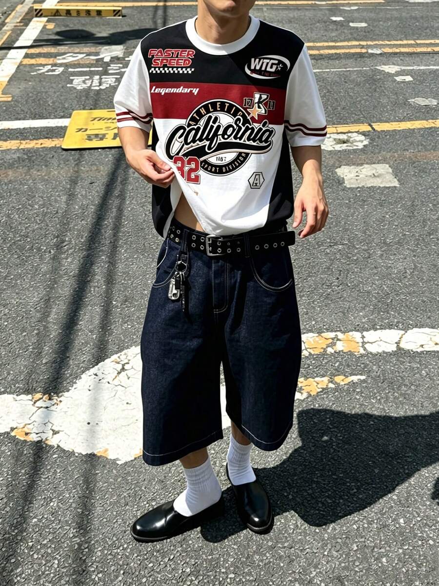 Manfinity Dauomo 男士标准尺码撞色字母印花圆领短袖T恤,夏季 - 彩色 - 查看 1