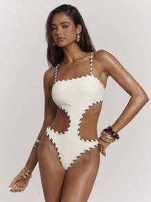 SHEIN BAE Women'S Summer Vacation Beach Patchwork Striped Hollow-Out Bandeau One-Piece Swimsuit Bathing Suits For Women One Piece Swimsuit Women - White - View 6