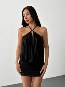 SHEIN PETITE 浪漫露背性感掛脖粉色網紗迷你派對洋裝，適合情人節，小碼女性 - 黑色 - 查看 7