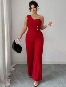 Elenzga Spring/Summer Women's Elegant Exquisite Asymmetric Neckline Cinched Waist Rhinestone Buckle Decor Button Pearl Shoulder Strap Jumpsuit, Suitable For Work, Commuting, Shopping And More Occasions - Red - View 4