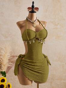 Bellisia 26SS Spring/Summer Vacation Apricot Vintage Square Neck Slimming Braided Rope Starfish Shell Square Neck One-Piece Top And Skirt Swimsuit 2-Piece Set - Army Green - View 4