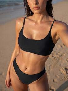 Swim Chiccia 女士夏季海滩纯色性感比基尼两件套泳衣套装，黑色泳衣 - 黑色 - 查看 1
