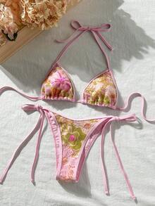 Swim Vcay Swim Bonvoyette 2件組 春夏度假花卉亮片紋理面料掛脖三角比基尼上衣與側綁比基尼褲女款性感泳衣套裝 - 彩色 - 查看 6