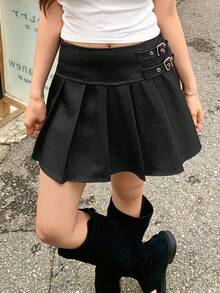 DAZY 女款鈕扣時尚百搭百褶裙 夏季 - 黑色 - 查看 4