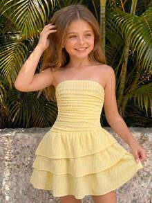 SHEIN Tween Girls' Pale Yellow Summer Cute Vacation Holiday Casual Minimalist Comfortable Textured Knit Fabric Layered Ruffle Trim Tube Top Dress - Yellow - View 10