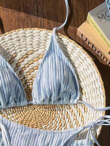 Swim Vcay 3 PiecesBohemian Style Crochet Fabric Drawstring Swimwear Cover-Up Bikini Set - Baby Blue - View 4