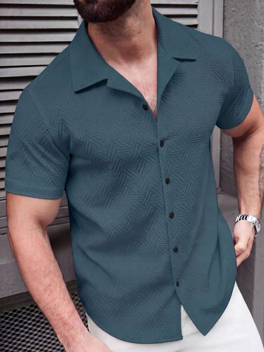 SLATEMANN Men's Textured Single-Breasted Casual Versatile Short Sleeve Shirt - Cadet Blue - View 1