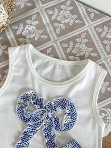 SHEIN BABY GIRL Summer Blue Set Textured Sleeveless Top Blue Plaid Shorts Decorated With Blue Bows Daily Outing Essential - Blue - View 4