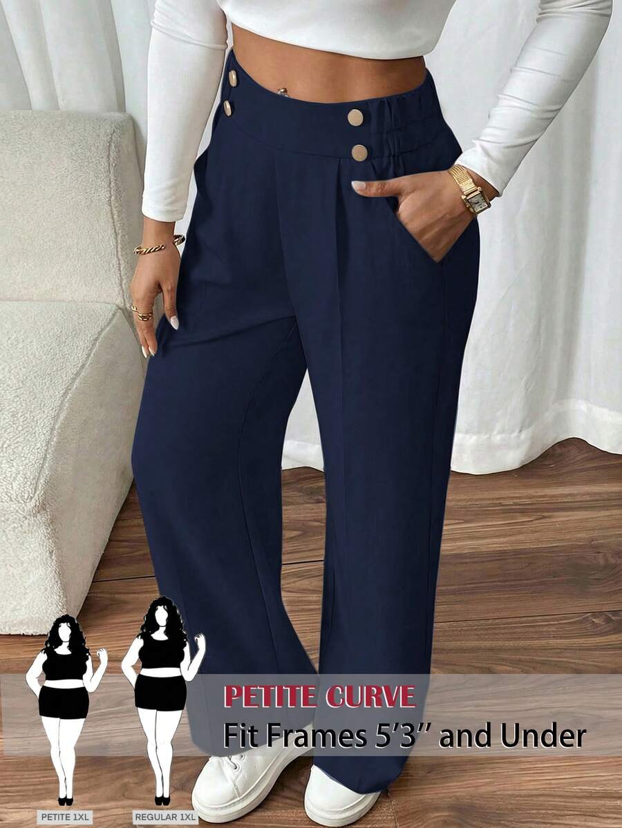 SHEIN PETITE CURVE 大尺碼女款雙扣直筒優雅通勤長褲 - 藏蓝色 - 查看 1