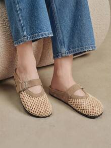 Solecia Women's Shoes Spring And Summer New Woven Upper Buckle Decorative Round Toe Design, Slip-On Dew Heel Comfortable Simple Holiday Flat Shoes - Khaki - View 3