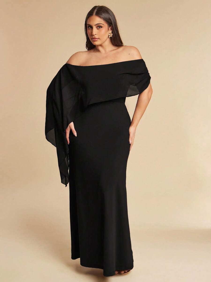 SHEIN BAE Plus Size Women's Black Off-Shoulder Ribbon Long Dress Evening Formal Summer Elegant - Black - View 1