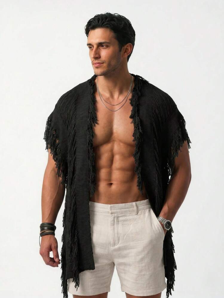 Ironwick Men's Solid Color Fringe Cardigan Suitable For Vacation