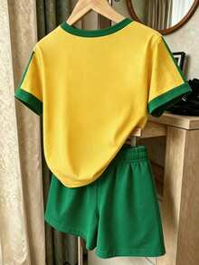 [2 chiếc] Bộ áo thun ngắn tay in chữ phối màu chủ đề Brazil phong cách thể thao cho bé gái tuổi teen + quần short sọc bên hông, độ dày nhẹ thường, bộ 2 món thường ngày cho đi chơi / mặc đi học / đi du lịch cuối tuần, mùa hè / xuân & thu - Nhiều màu - Xem 3