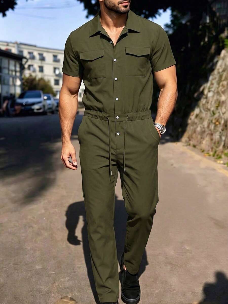 Manfinity Homme 男士春夏季連身褲,軍綠色長褲工裝成熟休閒風 - 軍綠色 - 查看 1