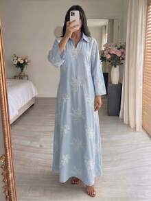 Al Najma 翻領鏤空刺繡休閒洋裝 - 藍色 - 查看 6