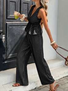 Serisse Casual Minimalist Black And White Striped Print Pattern Women's Front Tie Sleeveless Shirt And Pants Two Pieces Set Vacation Summer - Black - View 8