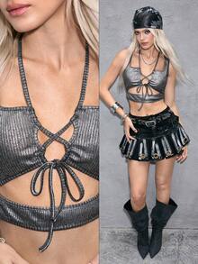 ROMWE Women's Y2K Sexy Crop Top, Metallic Fabric, Suitable For Music Festivals - Silver - View 8