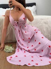 Napfluff Sweet Heart Stripe Print Front Knot Ruffle Trim Women's Camisole Nightgown - Pink - View 4