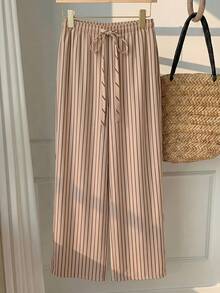 SHEIN EZwear Women's Casual Waist Tie Straight Leg Pants Suitable For Summer - Multicolor - View 3