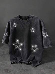 ROMWE MEN Street Life Men's Street Style Rhinestone Shiny Star Pattern Round Neck Short Sleeve T-Shirt - Black - View 8