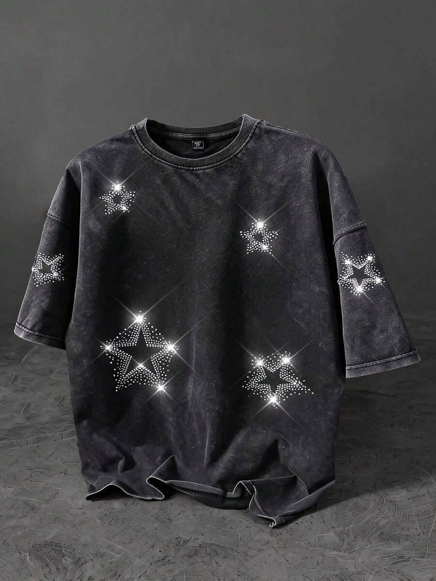 ROMWE MEN Street Life Men's Street Style Rhinestone Shiny Star Pattern Round Neck Short Sleeve T-Shirt - Black - View 1