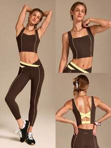 GLOWMODE FeatherFit™ On The Line Lembut, Elastis, Menyerap Keringat, Perlindungan UV, Desain Belakang Silang, Dua Warna, Bantalan Dada yang Dapat Dilepas, Tank Top Pendek untuk Aktivitas, Yoga, Pilates, Studio, dan Aktivitas Sehari-hari dengan Dampak Rendah - Coklat - View 8