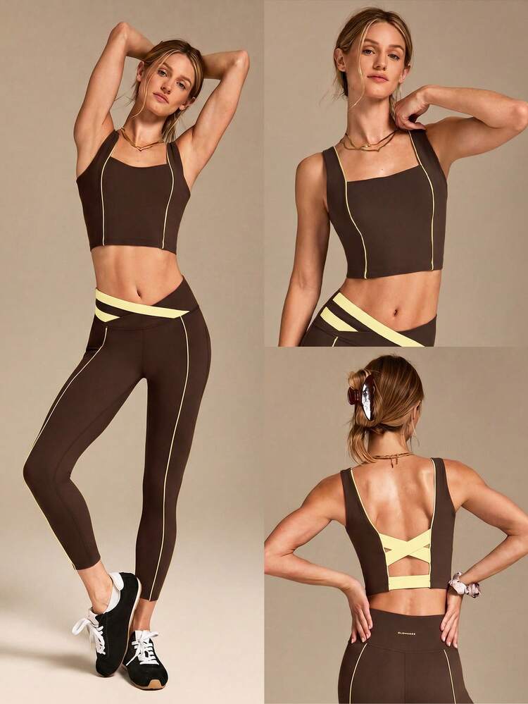 FeatherFit™ On The Line Soft Stretchy Sweat-Wicking UV Protection Crossover Back Two-Tone Removable Cups Cropped Active Tank Low Impact Yoga Pilates Studio Daily Active Wear
