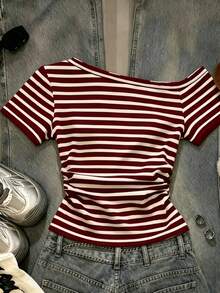 Tween Girls Digital Striped Asymmetrical Shoulder Short Sleeve Spring/Summer Casual Comfortable Outfit, Summer Versatile Clothing Suitable For Outdoor Sports, Outdoor Picnic, Street Photography, Vacation, Holiday, Gift For Girls Red And White Striped - Multicolor - View 4