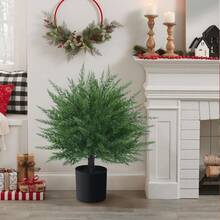 Artificial Cedar Shrub With Stakes, UV Resistant Evergreen Fake Plant In Cement Planter, Durable Potted Artificial Cedar Tree For Indoor Outdoor Front Porch, Garden & Backyard Decor - Multicolor - View 5
