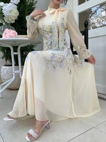 Modelyn 女款繫帶腰部抽褶印花長袖洋裝 - 黃色 - 查看 6