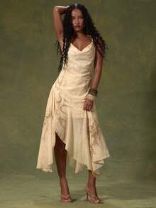 MUSERA Cream Mesh Cowl Hanky Hem Asymmetric Drape Midi Dress - Multicolor - View 1