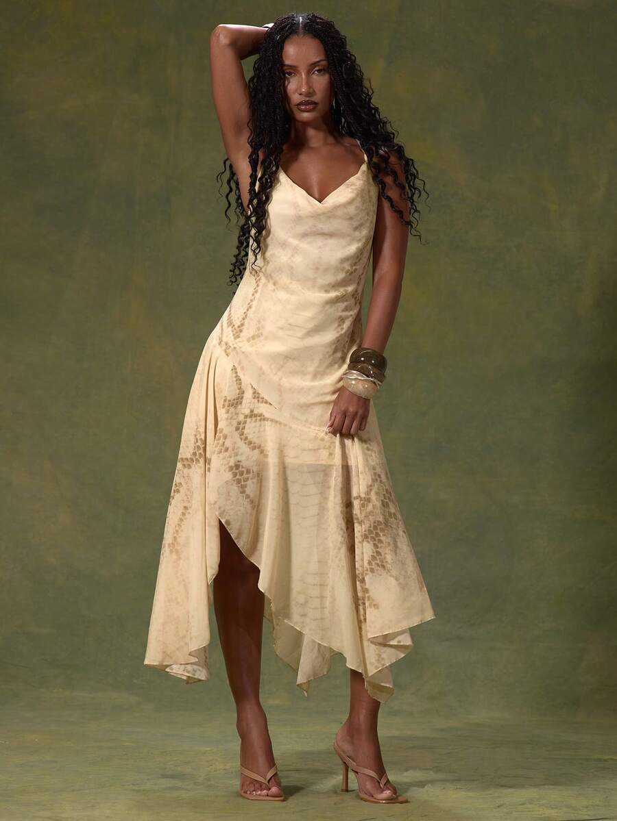 MUSERA Cream Mesh Cowl Hanky Hem Asymmetric Drape Midi Dress - Multicolor - View 1