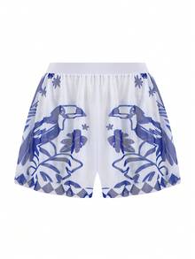 Swim Oasis 2026 New Plus Size Blue & White Tropical Coconut Tree Toucan Print Wide Adjustable Shoulder Strap Waist-Defining Semi-Covering Hip Design Paired With High-Waist Mesh Pants Mesh Tummy Control Slimming Casual Daily Beach Vacation Women's One-Piece Swimsuit Set - Blue and White - View 4