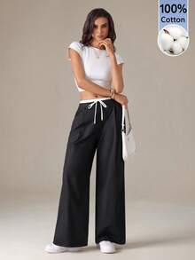 SHEIN Tall 女款時尚百搭口袋抽繩腰拼色休閒寬鬆長褲，適合高個女性 - 黑色 - 查看 4