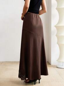 Heiryn Women's Teachers' Day Fashion Versatile Embroidered Hem Patchwork Maxi Skirt Party Office Dark Brown Autumn Elegant French - Brown - View 7