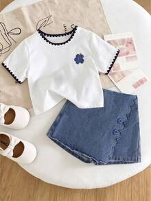 SHEIN Elladie kids 女童圓領針織T恤與牛仔裙套裝，對比色刺繡工藝，休閒可愛花卉刺繡短袖套裝，適合夏季日常穿著與度假 - 藍色 - 查看 3
