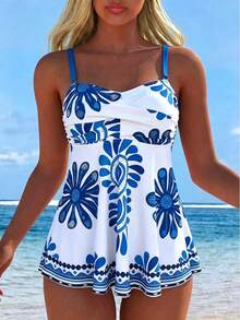 Swim Lushoire 2pcs/Set Women's Swimwear Long Dress, Custom Summer Vacation Bohemian Style Swim Dress - Multicolor - View 1
